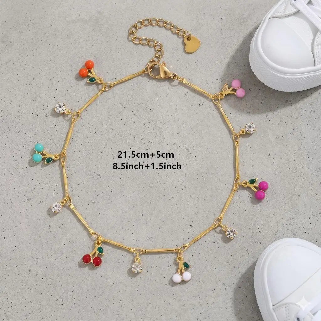 FLORIDECO Women'S 1PC Y2K Colorful Cherry Adjustable Beachy Anklet, Dainty Gold Costume Jewelry for Summer Beach, Adjustable Anklets, Beachy Anklets