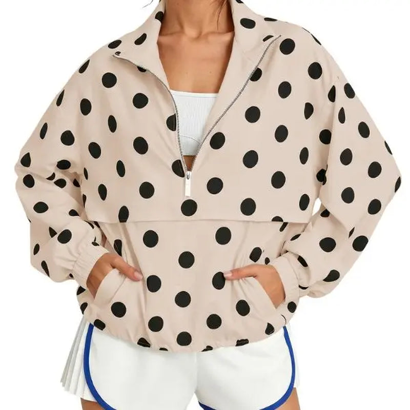 Fisoew Womens Oversized Polka Dot Half Zip Pullover Jacket Casual Lightweight Windbreaker Sweatshirt Trendy Long Sleeve Loose Fit Y2K Streetwear Fall Outerwear