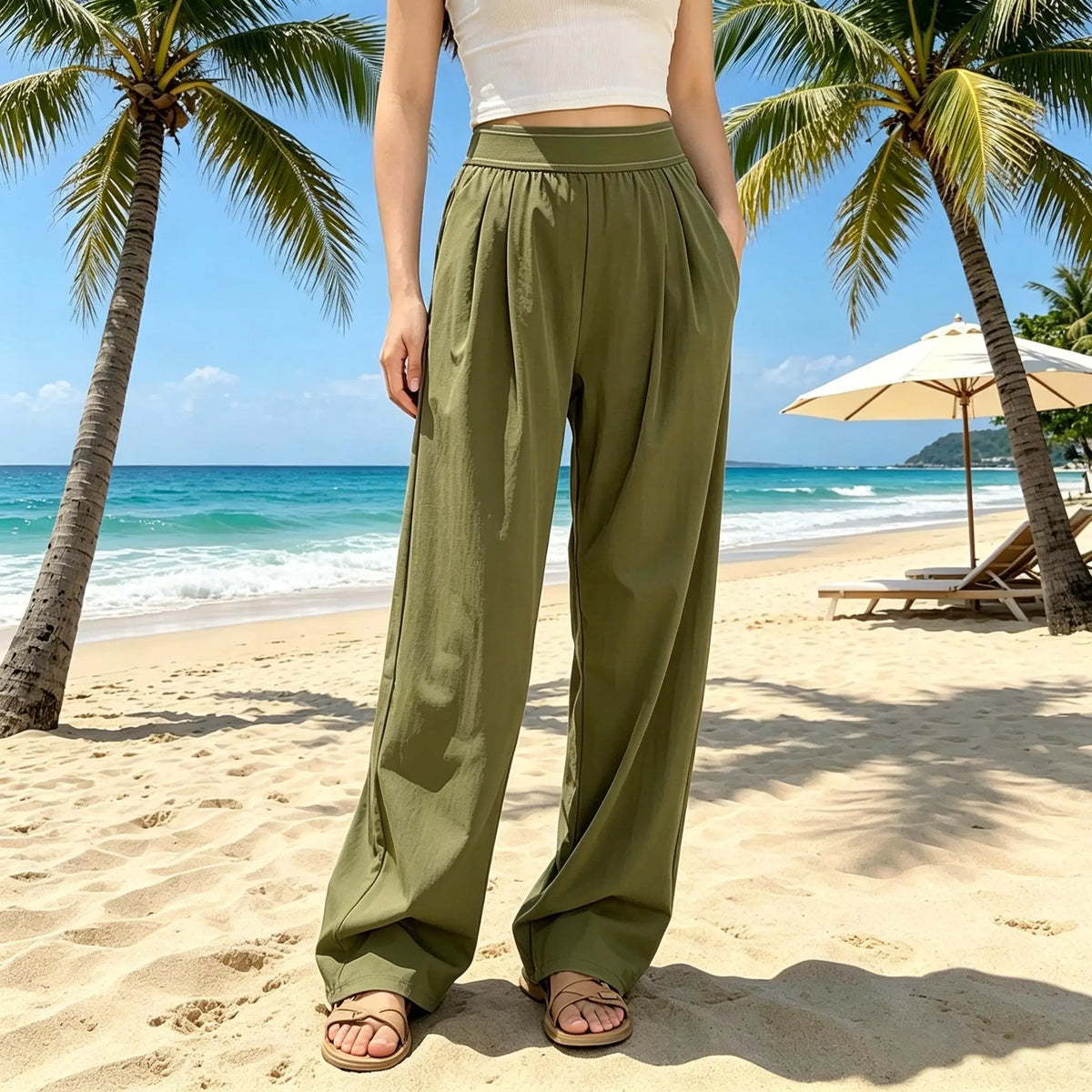 High-Waisted Wide Leg Lounge Pants for Women with Pockets – Lightweight Stretch Casual Yoga and Travel Pants