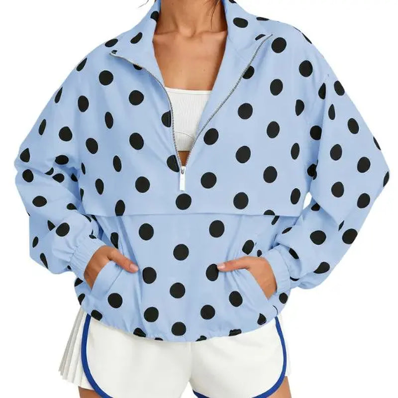Fisoew Womens Oversized Polka Dot Half Zip Pullover Jacket Casual Lightweight Windbreaker Sweatshirt Trendy Long Sleeve Loose Fit Y2K Streetwear Fall Outerwear