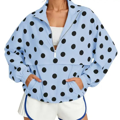 Fisoew Womens Oversized Polka Dot Half Zip Pullover Jacket Casual Lightweight Windbreaker Sweatshirt Trendy Long Sleeve Loose Fit Y2K Streetwear Fall Outerwear