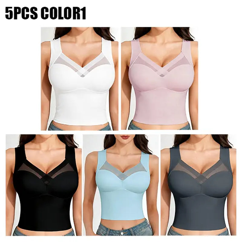 Esselegance Women's Luxury Seamless Longline Bra - Sophisticated Mesh Plunge V-Neck Wirefree Bralette - Premium Smoothing Shapewear Crop Top with Built-In Support - Elegant Wide Strap Push-Up Everyday Camisole - Invisible High-End Basics