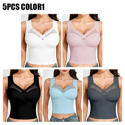 Esselegance Women's Luxury Seamless Longline Bra - Sophisticated Mesh Plunge V-Neck Wirefree Bralette - Premium Smoothing Shapewear Crop Top with Built-In Support - Elegant Wide Strap Push-Up Everyday Camisole - Invisible High-End Basics