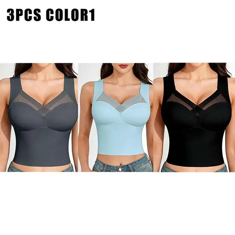 Esselegance Women's Luxury Seamless Longline Bra - Sophisticated Mesh Plunge V-Neck Wirefree Bralette - Premium Smoothing Shapewear Crop Top with Built-In Support - Elegant Wide Strap Push-Up Everyday Camisole - Invisible High-End Basics