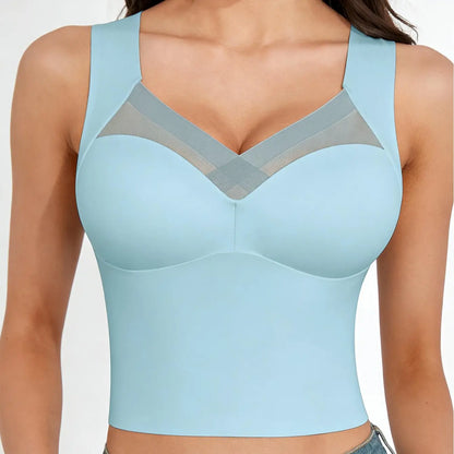 Esselegance Women's Luxury Seamless Longline Bra - Sophisticated Mesh Plunge V-Neck Wirefree Bralette - Premium Smoothing Shapewear Crop Top with Built-In Support - Elegant Wide Strap Push-Up Everyday Camisole - Invisible High-End Basics