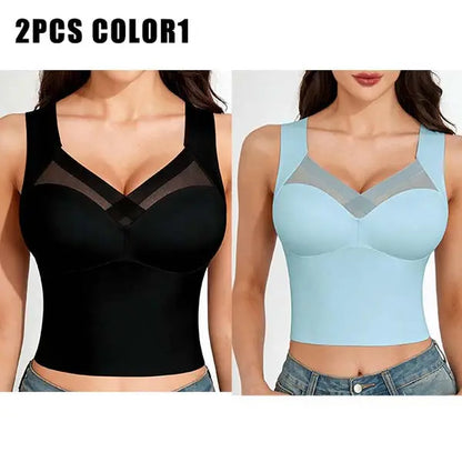 Esselegance Women's Luxury Seamless Longline Bra - Sophisticated Mesh Plunge V-Neck Wirefree Bralette - Premium Smoothing Shapewear Crop Top with Built-In Support - Elegant Wide Strap Push-Up Everyday Camisole - Invisible High-End Basics
