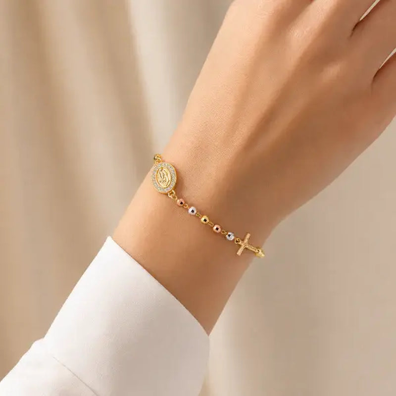 Tricolor Rosary Bracelet with Virgin Mary & Jesus Cross Charm – Premium Religious Faith Jewelry