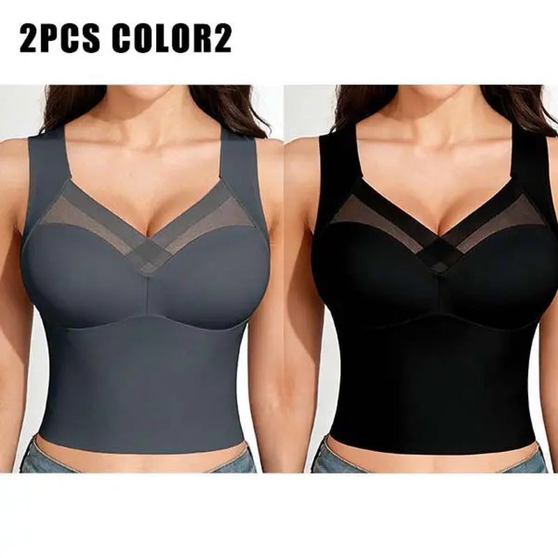 Esselegance Women's Luxury Seamless Longline Bra - Sophisticated Mesh Plunge V-Neck Wirefree Bralette - Premium Smoothing Shapewear Crop Top with Built-In Support - Elegant Wide Strap Push-Up Everyday Camisole - Invisible High-End Basics