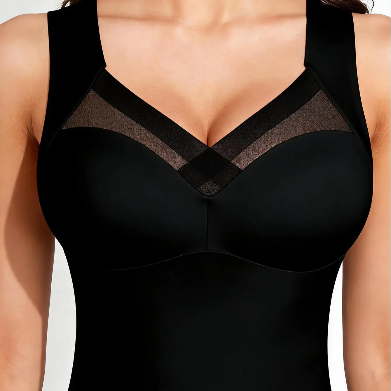 Esselegance Women's Luxury Seamless Longline Bra - Sophisticated Mesh Plunge V-Neck Wirefree Bralette - Premium Smoothing Shapewear Crop Top with Built-In Support - Elegant Wide Strap Push-Up Everyday Camisole - Invisible High-End Basics