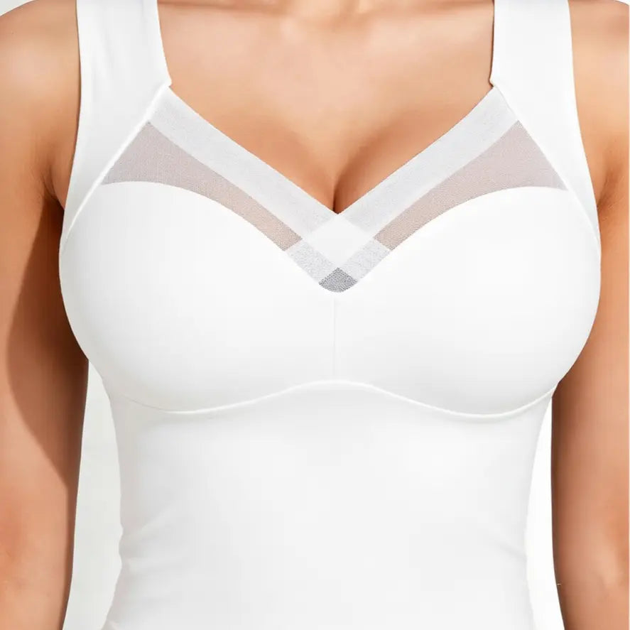 Esselegance Women's Luxury Seamless Longline Bra - Sophisticated Mesh Plunge V-Neck Wirefree Bralette - Premium Smoothing Shapewear Crop Top with Built-In Support - Elegant Wide Strap Push-Up Everyday Camisole - Invisible High-End Basics