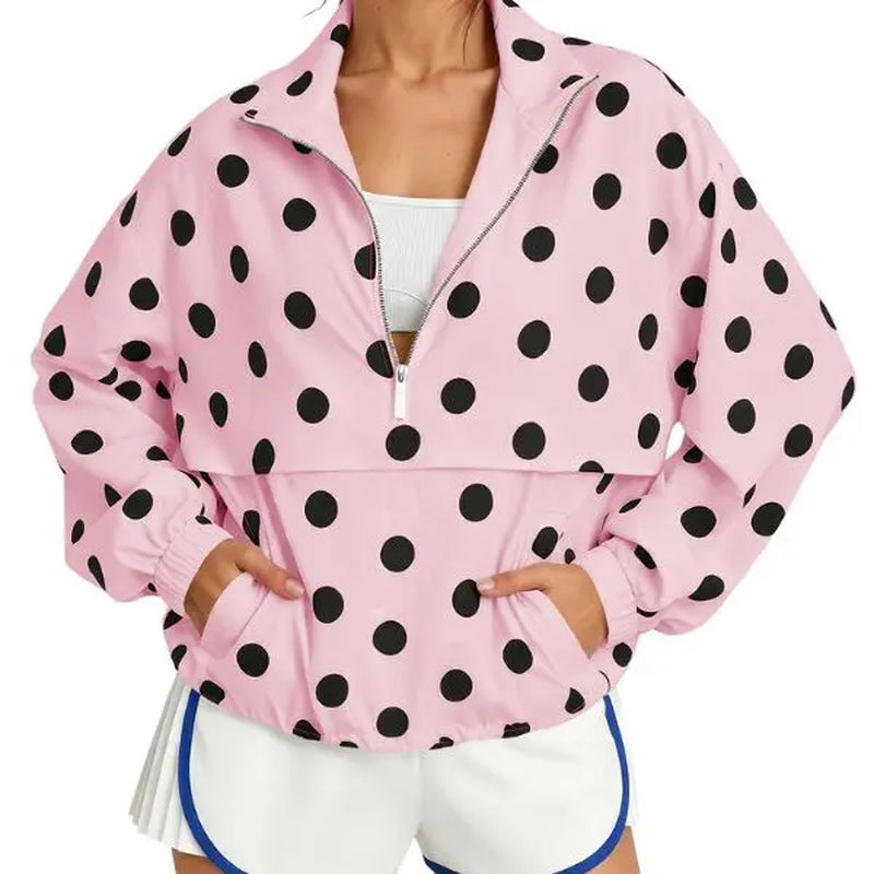 Fisoew Womens Oversized Polka Dot Half Zip Pullover Jacket Casual Lightweight Windbreaker Sweatshirt Trendy Long Sleeve Loose Fit Y2K Streetwear Fall Outerwear