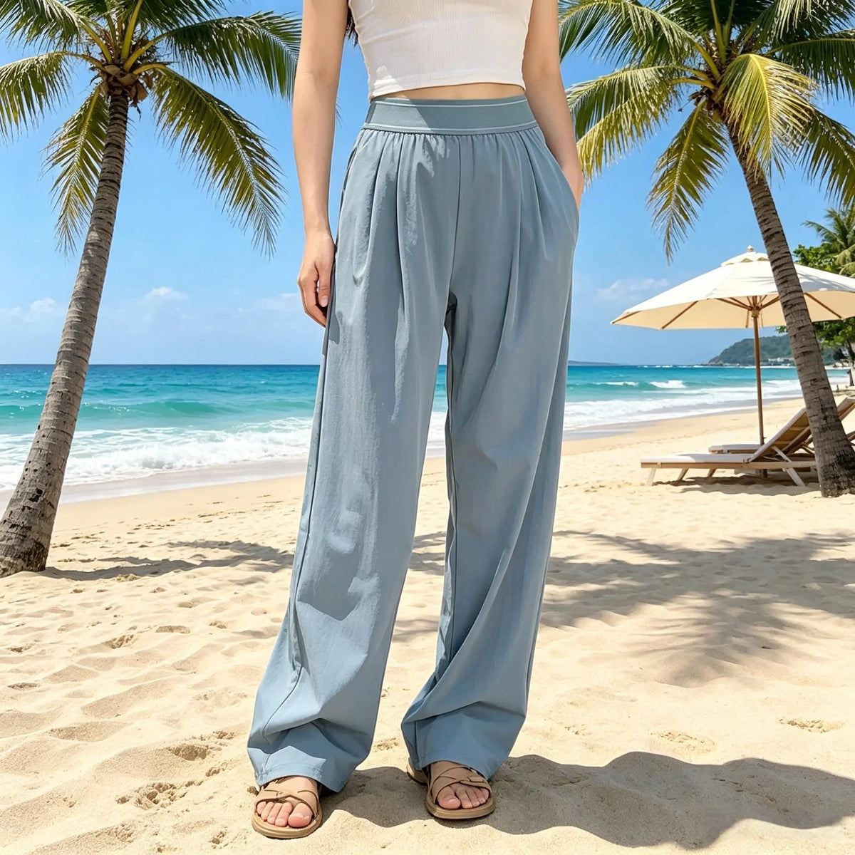 High-Waisted Wide Leg Lounge Pants for Women with Pockets – Lightweight Stretch Casual Yoga and Travel Pants