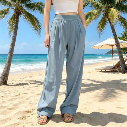 High-Waisted Wide Leg Lounge Pants for Women with Pockets – Lightweight Stretch Casual Yoga and Travel Pants