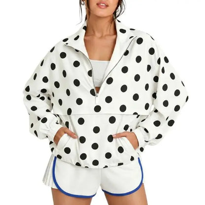 Fisoew Womens Oversized Polka Dot Half Zip Pullover Jacket Casual Lightweight Windbreaker Sweatshirt Trendy Long Sleeve Loose Fit Y2K Streetwear Fall Outerwear