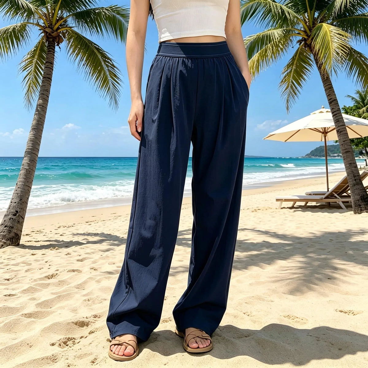High-Waisted Wide Leg Lounge Pants for Women with Pockets – Lightweight Stretch Casual Yoga and Travel Pants