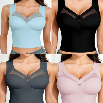 Esselegance Women's Luxury Seamless Longline Bra - Sophisticated Mesh Plunge V-Neck Wirefree Bralette - Premium Smoothing Shapewear Crop Top with Built-In Support - Elegant Wide Strap Push-Up Everyday Camisole - Invisible High-End Basics