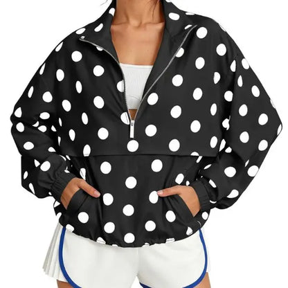 Fisoew Womens Oversized Polka Dot Half Zip Pullover Jacket Casual Lightweight Windbreaker Sweatshirt Trendy Long Sleeve Loose Fit Y2K Streetwear Fall Outerwear