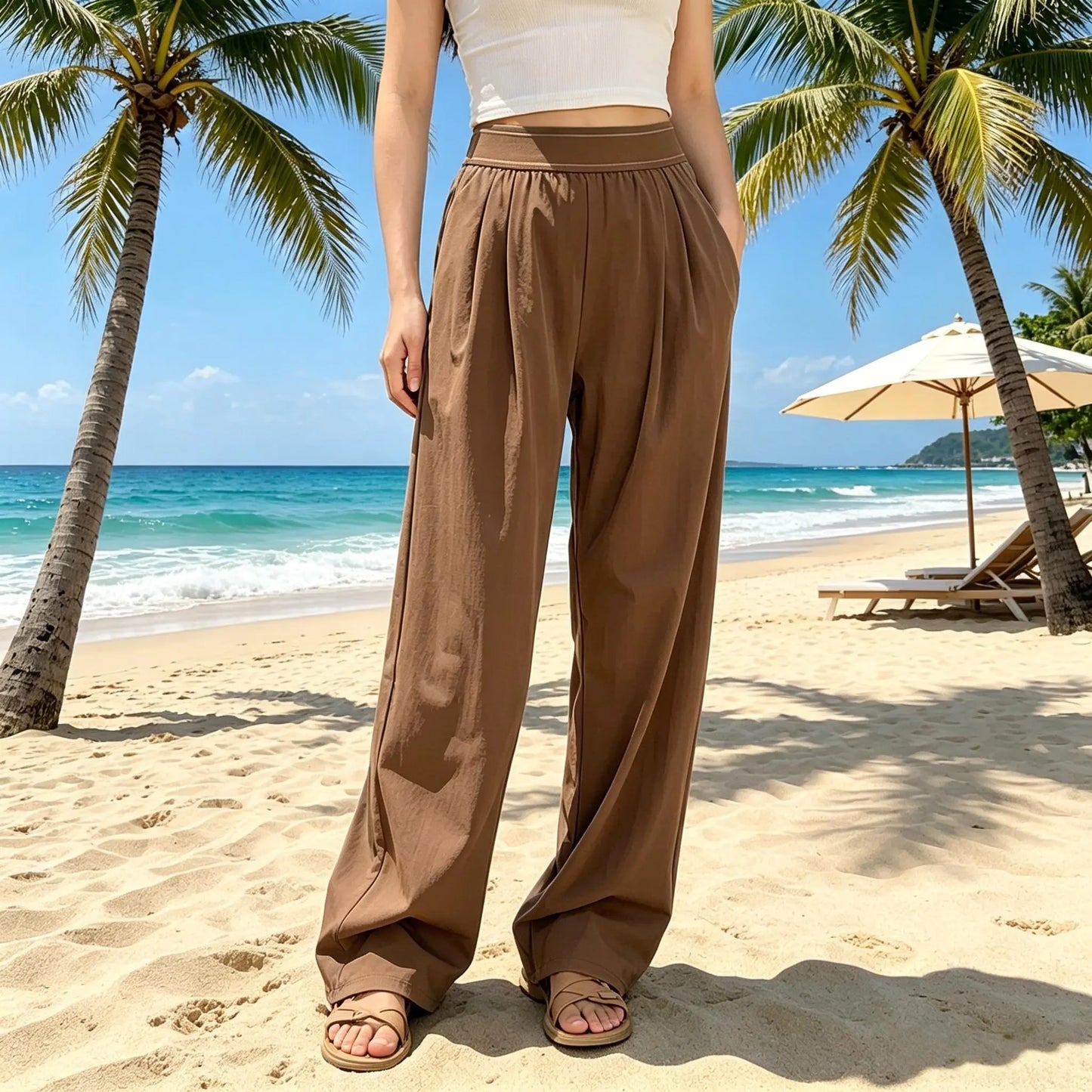 High-Waisted Wide Leg Lounge Pants for Women with Pockets – Lightweight Stretch Casual Yoga and Travel Pants