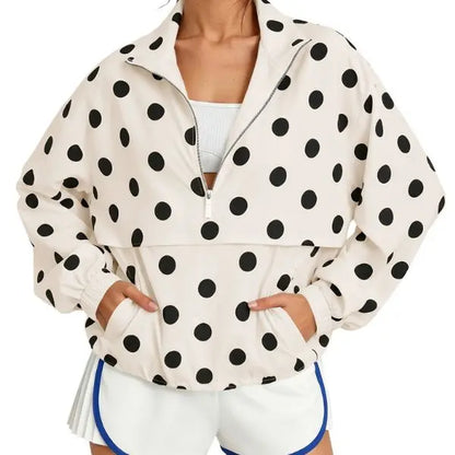 Fisoew Womens Oversized Polka Dot Half Zip Pullover Jacket Casual Lightweight Windbreaker Sweatshirt Trendy Long Sleeve Loose Fit Y2K Streetwear Fall Outerwear