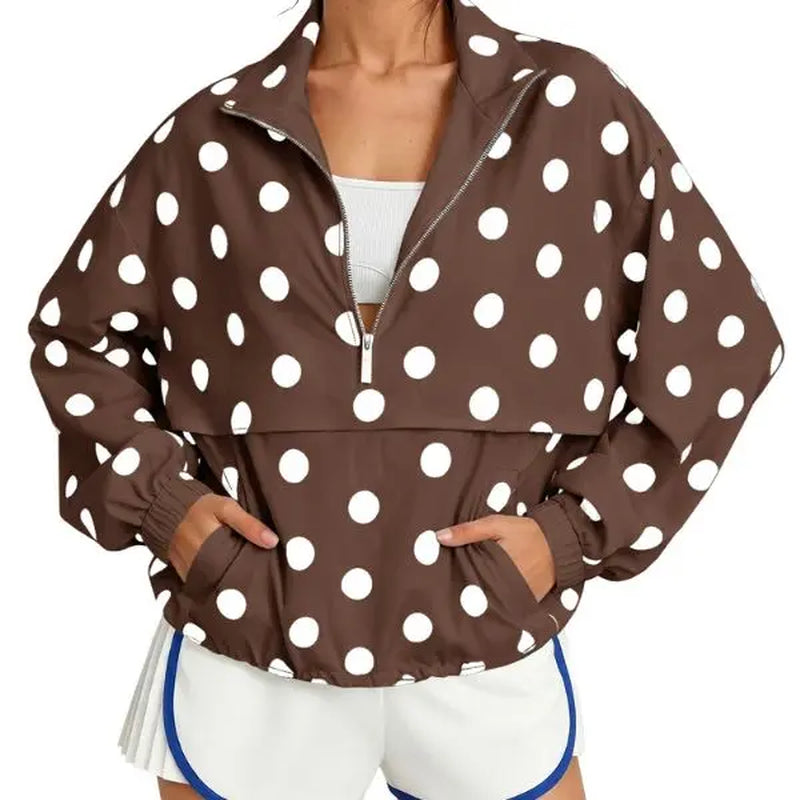 Fisoew Womens Oversized Polka Dot Half Zip Pullover Jacket Casual Lightweight Windbreaker Sweatshirt Trendy Long Sleeve Loose Fit Y2K Streetwear Fall Outerwear